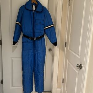 Vintage JcPenny royal blue snowmobile suit, complete with belt and hood.